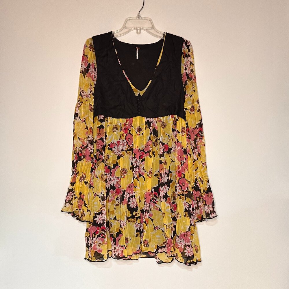 Free People Yellow Floral Print Black Moc Vest Mini Dress Women Size XS